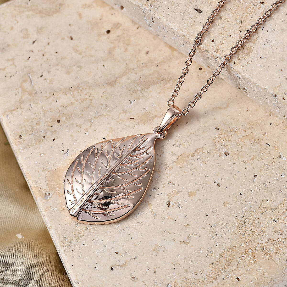 EverTrue Leaf Pendant in 14K RG Over Copper with ION Plated RG Stainless Steel Necklace 20 Inches image number 1