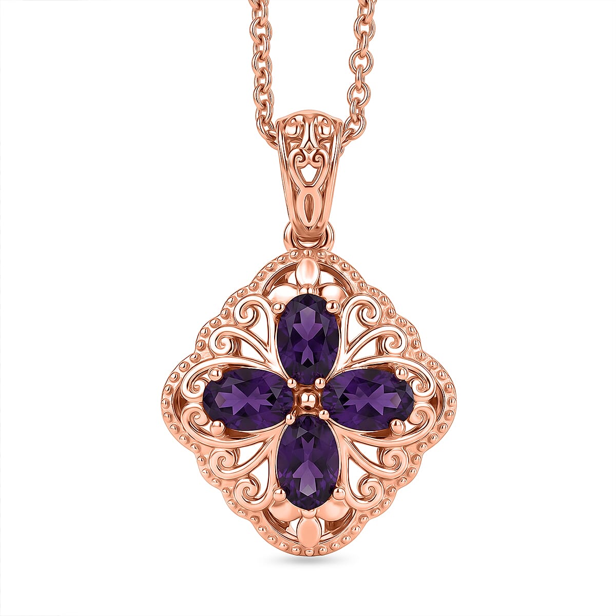 EverTrue African Amethyst 1.65 ctw Royal Clover Pendant in 14K RG Copper with ION Plated RG Stainless Steel Necklace 20 Inches