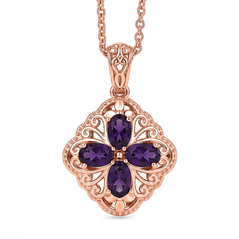 EverTrue African Amethyst 1.65 ctw Royal Clover Pendant in 14K RG Copper with ION Plated RG Stainless Steel Necklace 20 Inches