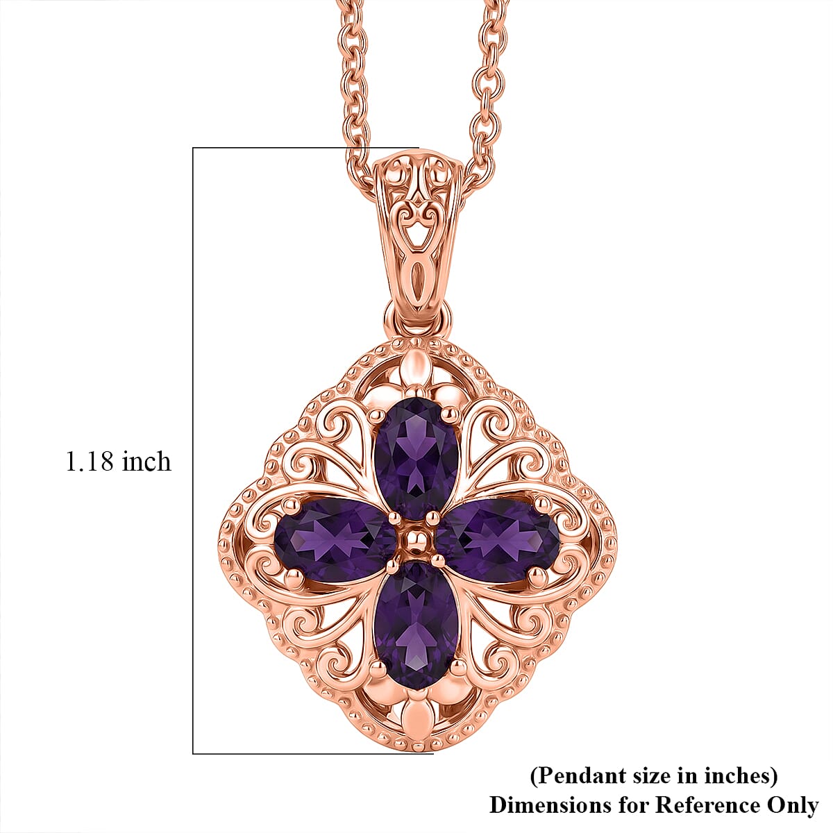 EverTrue African Amethyst 1.65 ctw Royal Clover Pendant in 14K RG Copper with ION Plated RG Stainless Steel Necklace 20 Inches