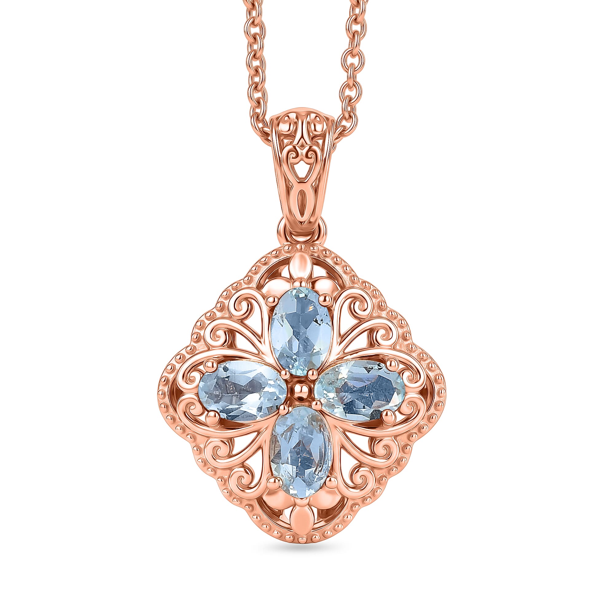 EverTrue Sky Bue Topaz 2.00 ctw Royal Clover Pendant in 14K RG Over Copper with ION Plated RG Stainless Steel Necklace 20 Inches