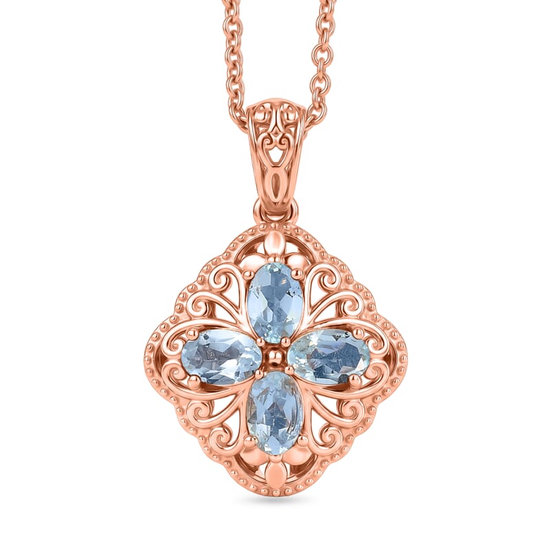 EverTrue Sky Bue Topaz 2.00 ctw Royal Clover Pendant in 14K RG Over Copper with ION Plated RG Stainless Steel Necklace 20 Inches
