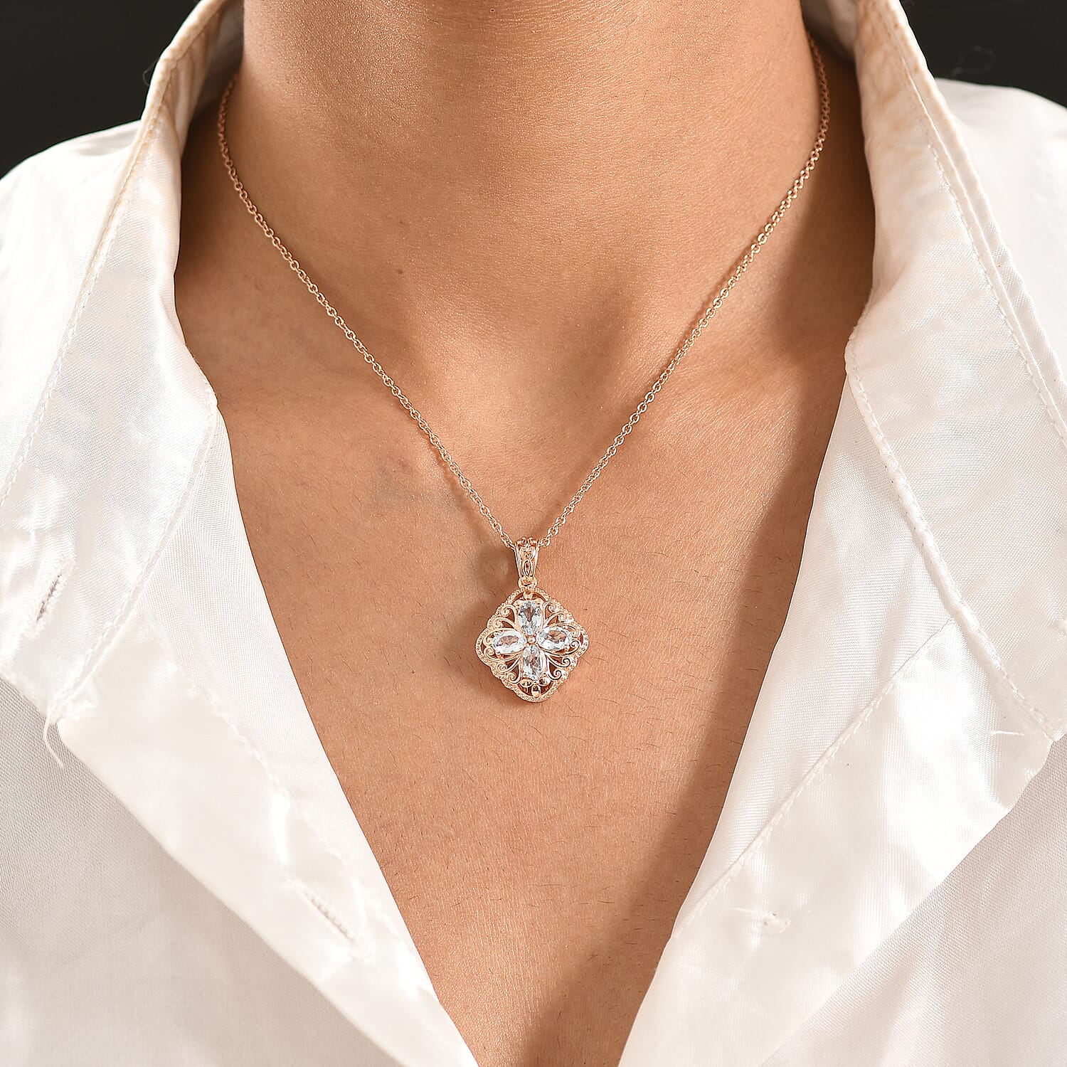 EverTrue Sky Bue Topaz 2.00 ctw Royal Clover Pendant in 14K RG Over Copper with ION Plated RG Stainless Steel Necklace 20 Inches