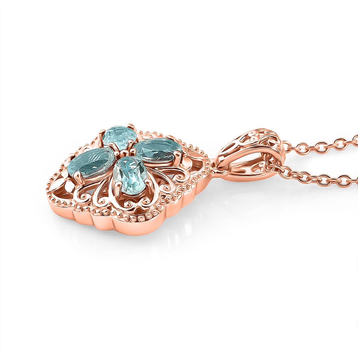 EverTrue Sky Bue Topaz 2.00 ctw Royal Clover Pendant in 14K RG Over Copper with ION Plated RG Stainless Steel Necklace 20 Inches