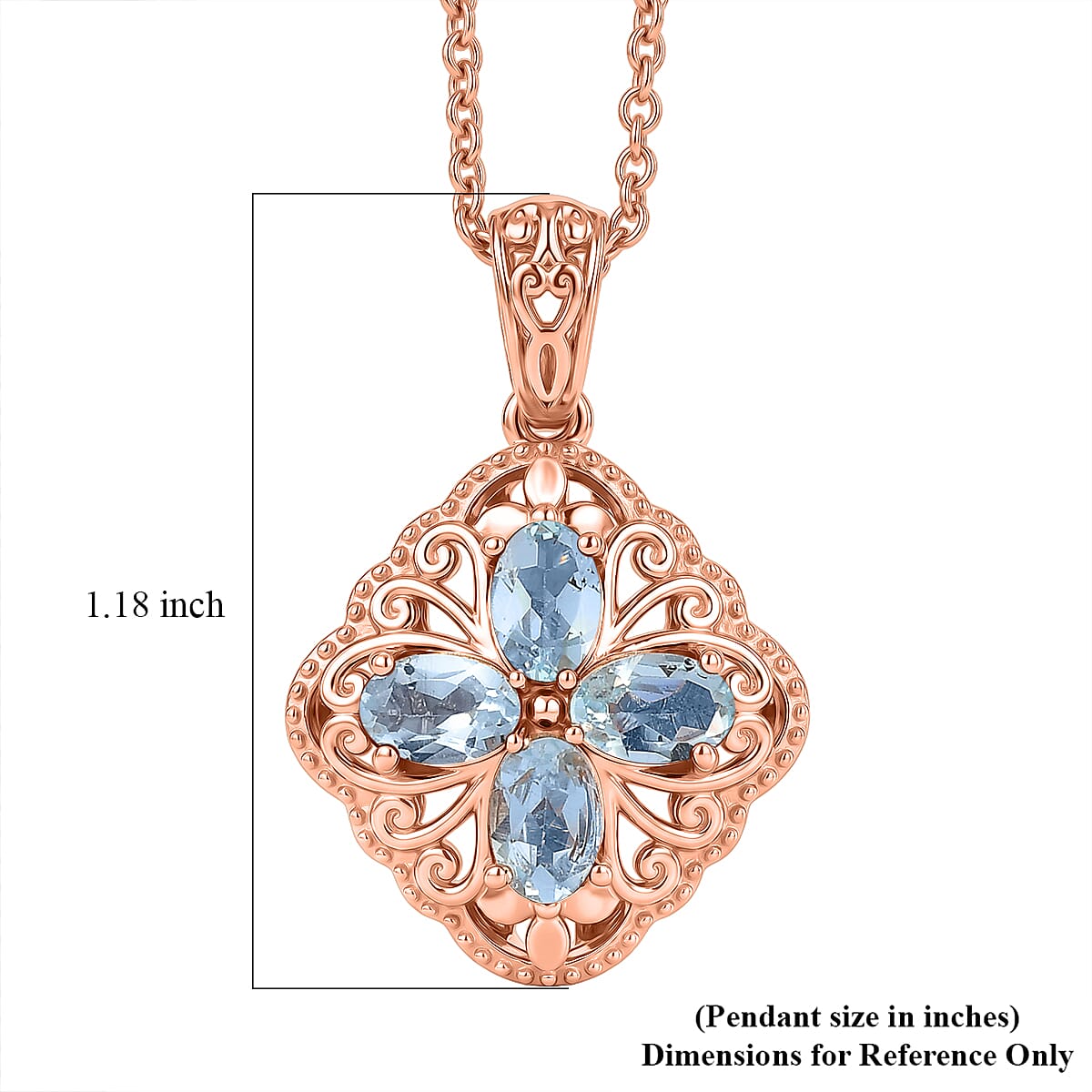 EverTrue Sky Bue Topaz 2.00 ctw Royal Clover Pendant in 14K RG Over Copper with ION Plated RG Stainless Steel Necklace 20 Inches