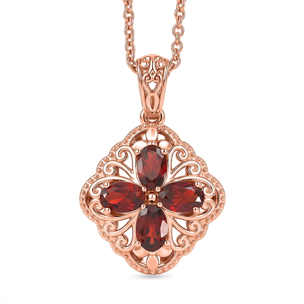EverTrue Mozambique Garnet 2.25 ctw Royal Clover Pendant in 14K RG Over Copper with ION Plated RG Stainless Steel Necklace 20 Inches
