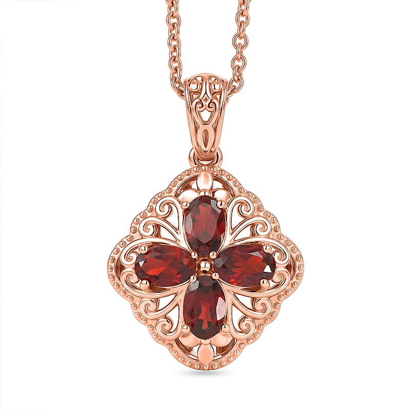 EverTrue Mozambique Garnet 2.25 ctw Royal Clover Pendant in 14K RG Over Copper with ION Plated RG Stainless Steel Necklace 20 Inches