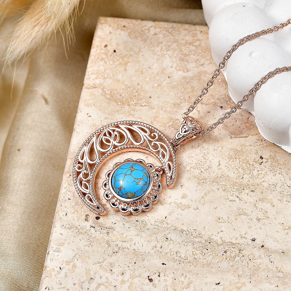 EverTrue Mojave Blue Turquoise 3.30 ctw Crescent Moon Pendant in 14K RG Over Copper with Magnet and ION Plated RG Stainless Steel Necklace 20 Inches image number 1