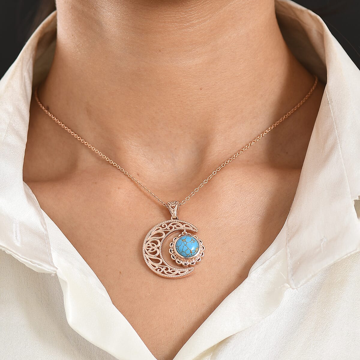 EverTrue Mojave Blue Turquoise 3.30 ctw Crescent Moon Pendant in 14K RG Over Copper with Magnet and ION Plated RG Stainless Steel Necklace 20 Inches image number 2