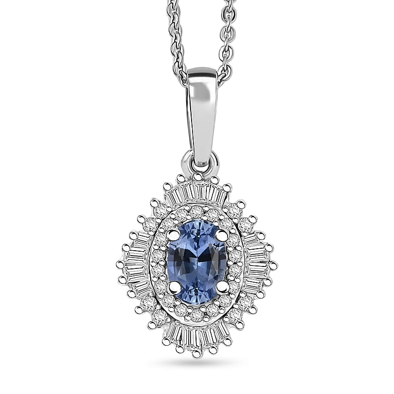 D'Joy Ceylon Blue Sapphire and Diamond 1.00 ctw Pendant Necklace in Rhodium Over Sterling Silver 20 Inches