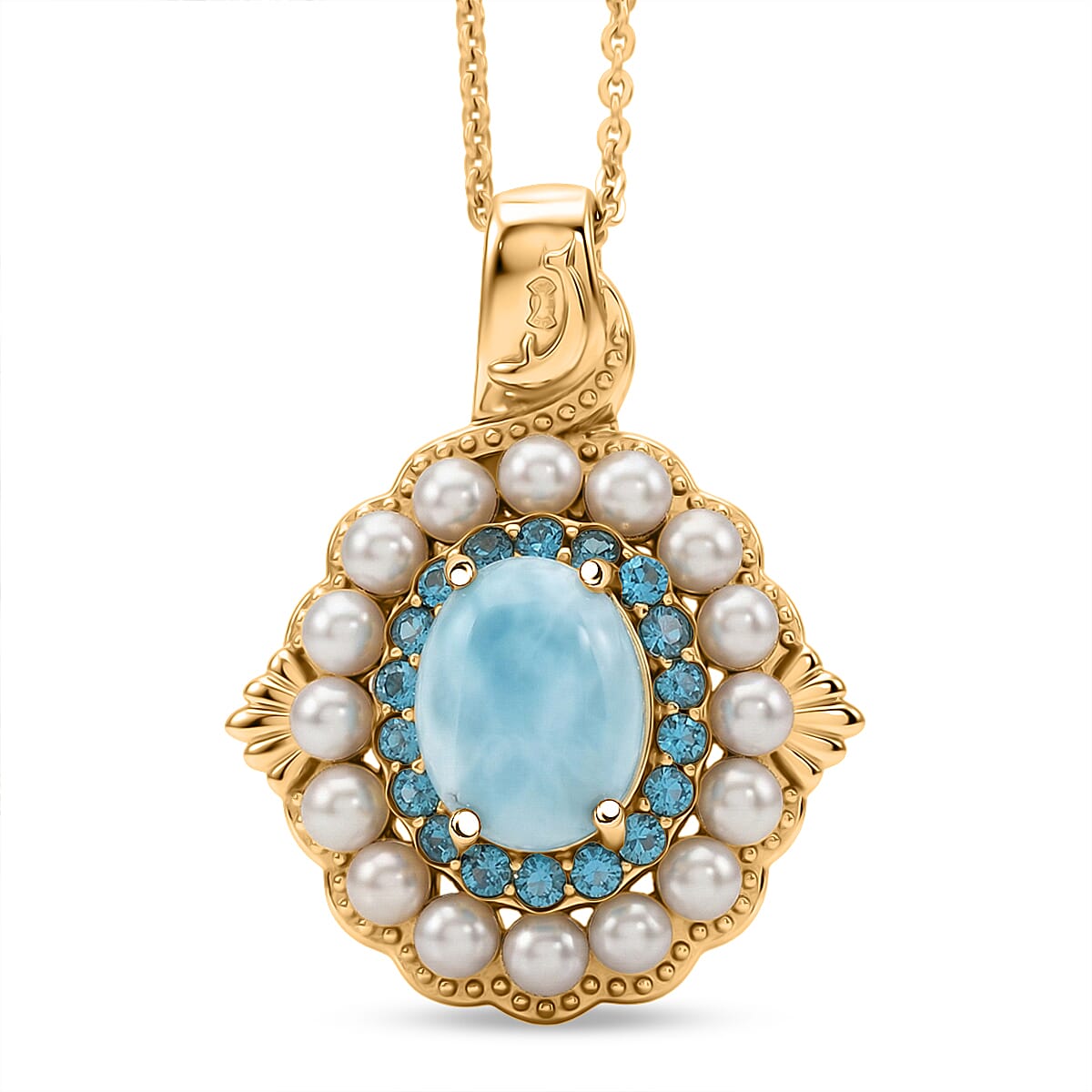 D'Joy AAA Larimar and Multi Gemstone 2.50 ctw Ocean Bloom Halo Pendant Necklace in 18K Vermeil Yellow Gold Sterling Silver 20 Inches