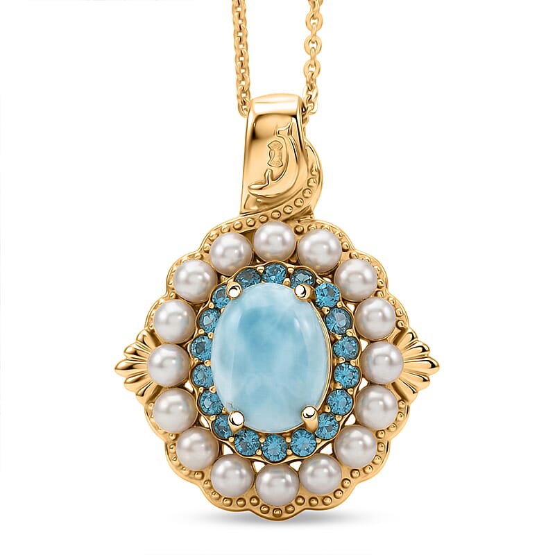 D'Joy AAA Larimar and Multi Gemstone 2.50 ctw Ocean Bloom Halo Pendant Necklace in 18K Vermeil Yellow Gold Sterling Silver 20 Inches
