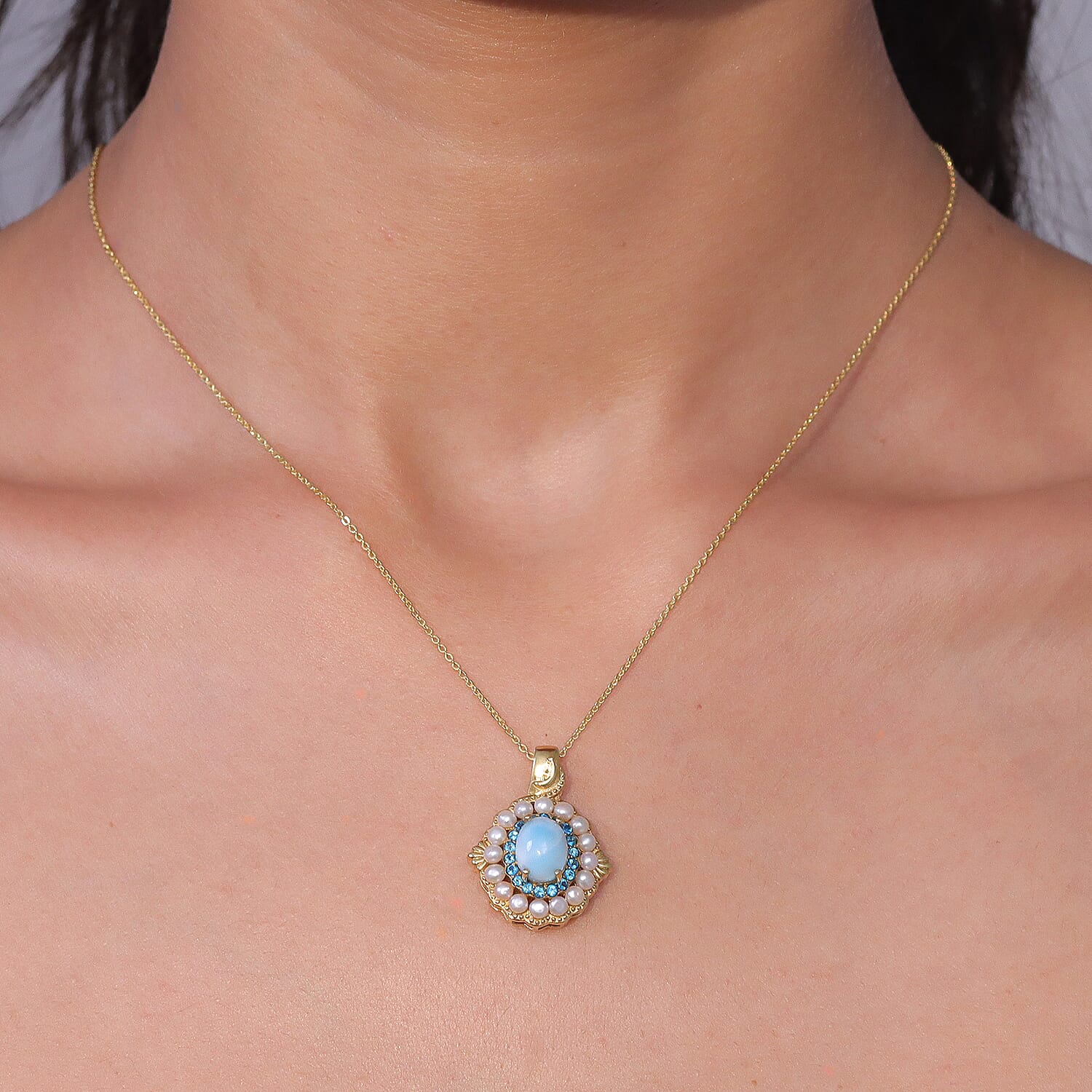 D'Joy AAA Larimar and Multi Gemstone 2.50 ctw Ocean Bloom Halo Pendant Necklace in 18K Vermeil Yellow Gold Sterling Silver 20 Inches
