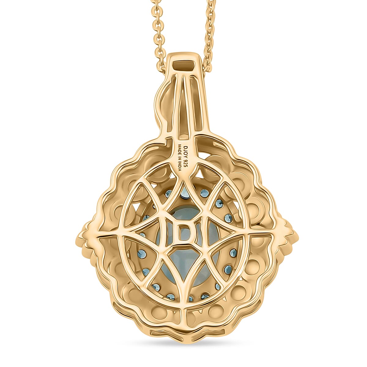 D'Joy AAA Larimar and Multi Gemstone 2.50 ctw Ocean Bloom Halo Pendant Necklace in 18K Vermeil Yellow Gold Sterling Silver 20 Inches
