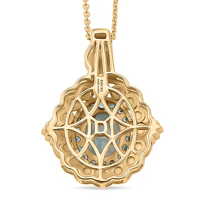 D'Joy AAA Larimar and Multi Gemstone 2.50 ctw Ocean Bloom Halo Pendant Necklace in 18K Vermeil Yellow Gold Sterling Silver 20 Inches