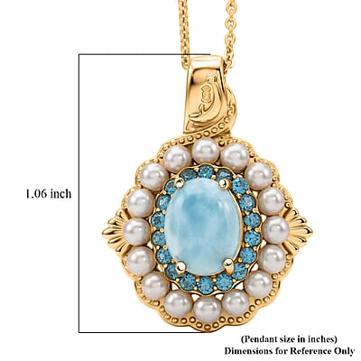 D'Joy AAA Larimar and Multi Gemstone 2.50 ctw Ocean Bloom Halo Pendant Necklace in 18K Vermeil Yellow Gold Sterling Silver 20 Inches