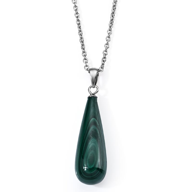 African Malachite 15.00 ctw Pendant in Silvertone with Stainless Steel Necklace (20 Inches)