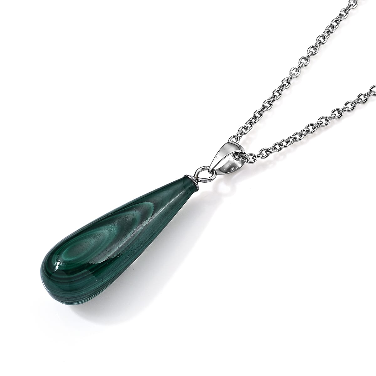 African Malachite 15.00 ctw Pendant in Silvertone with Stainless Steel Necklace (20 Inches)