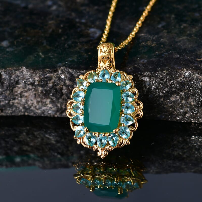 EverTrue Verde Onyx and Apatite 9.10 ctw Petal Bloom Pendant in 18K YG Plated with ION Plated YG Stainless Steel Necklace 20 Inches