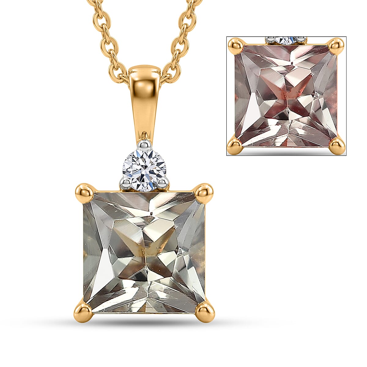 Princess Cut AAA Turkizite and Luxuriant Lab Grown Diamond G-H SI 2.20 ctw Golden Dusk Solitaire Pendant Necklace in 18K Vermeil Yellow Gold Over Sterling Silver 20 Inches