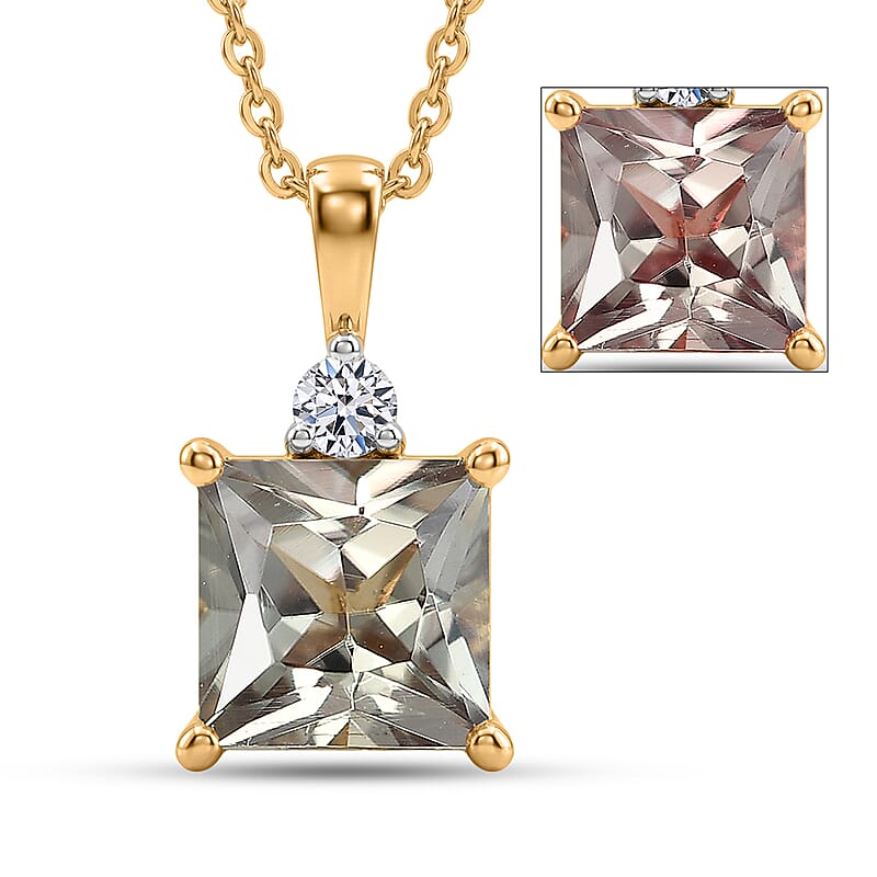 Princess Cut AAA Turkizite and Luxuriant Lab Grown Diamond G-H SI 2.20 ctw Golden Dusk Solitaire Pendant Necklace in 18K Vermeil Yellow Gold Over Sterling Silver 20 Inches