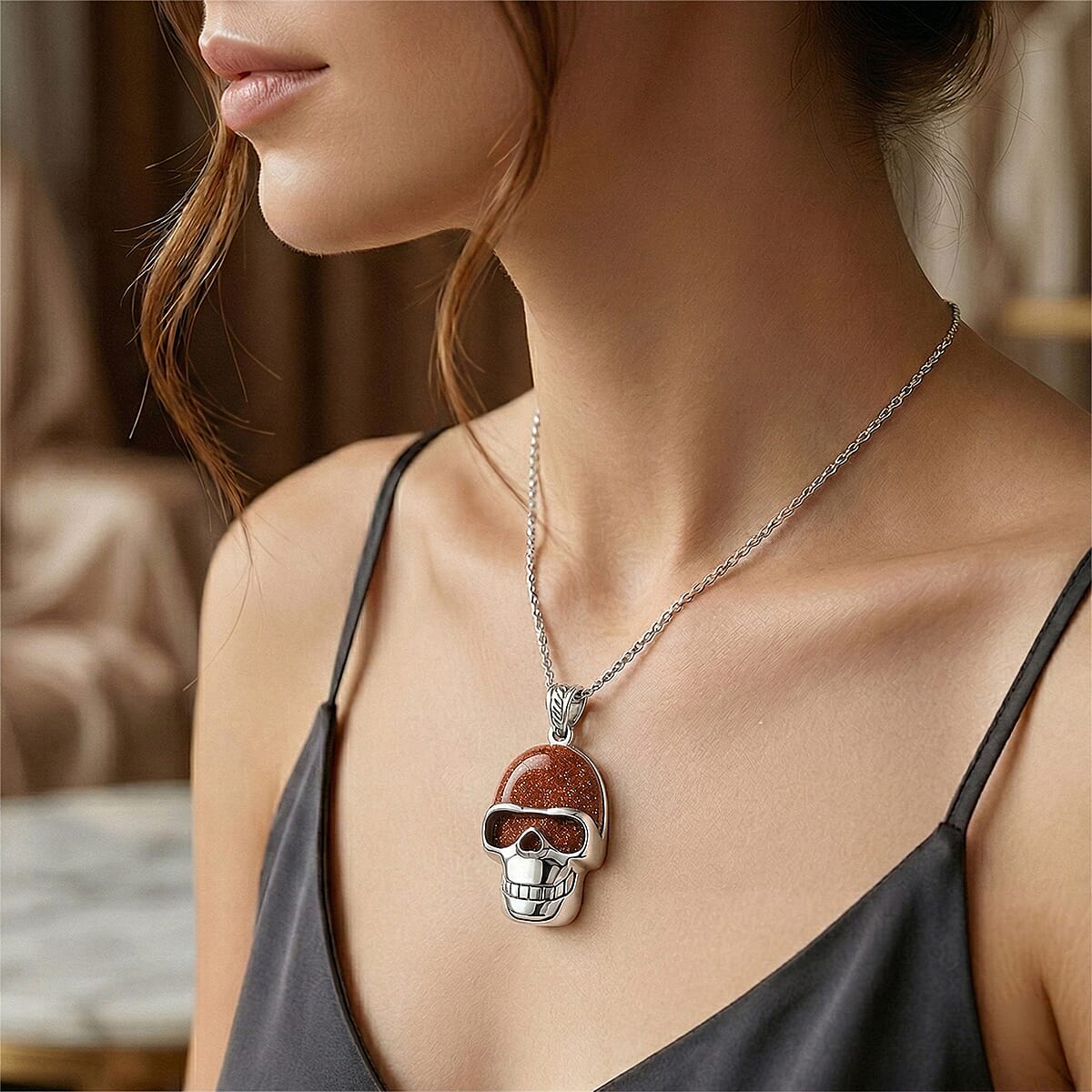 Goldstone 17.50 ctw Skull Pendant in Silvertone with Stainless Steel Necklace 20 Inches image number 2