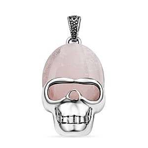 Galilea Rose Quartz 16.50 ctw Skull Pendant in Silvertone with Stainless Steel Necklace 20 Inches