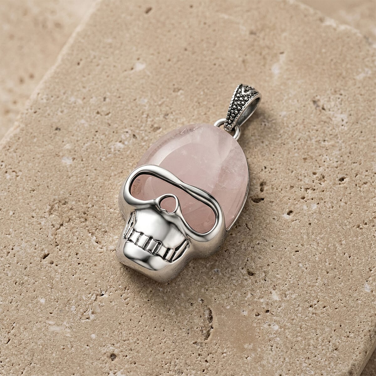 Galilea Rose Quartz 16.50 ctw Skull Pendant in Silvertone with Stainless Steel Necklace 20 Inches image number 1
