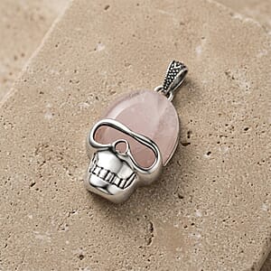 Galilea Rose Quartz 16.50 ctw Skull Pendant in Silvertone with Stainless Steel Necklace 20 Inches