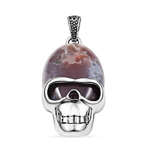 Argentinian Rhodochrosite Skull Pendant in Silvertone with Stainless Steel Necklace (20 Inches) 15.75 ctw