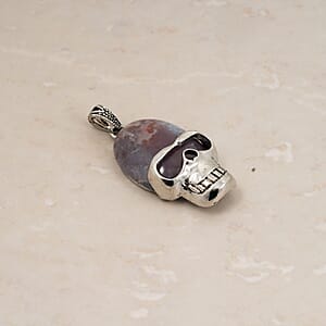 Argentinian Rhodochrosite Skull Pendant in Silvertone with Stainless Steel Necklace (20 Inches) 15.75 ctw