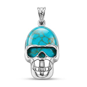 Turquoise Howlite 15.75 ctw Skull Pendant in Silvertone with Stainless Steel Necklace 20 Inches