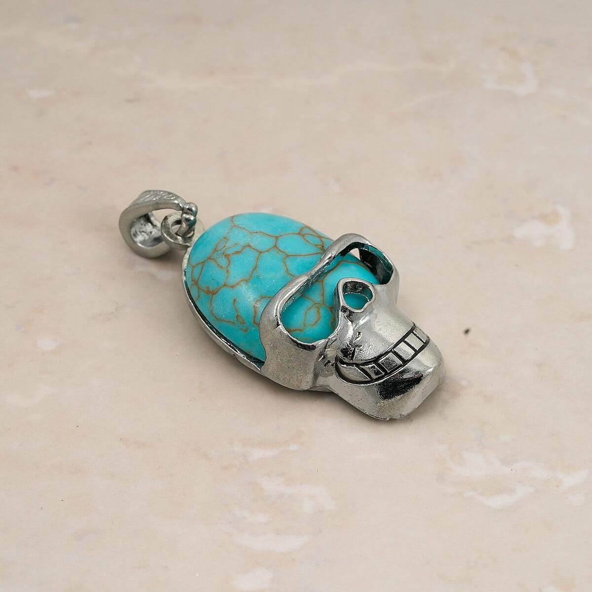 Turquoise Howlite 15.75 ctw Skull Pendant in Silvertone with Stainless Steel Necklace 20 Inches image number 1