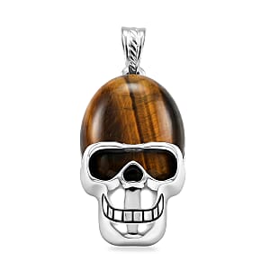 Tiger's Eye 15.75 ctw Skull Pendant in Silvertone with Stainless Steel Necklace 20 Inches