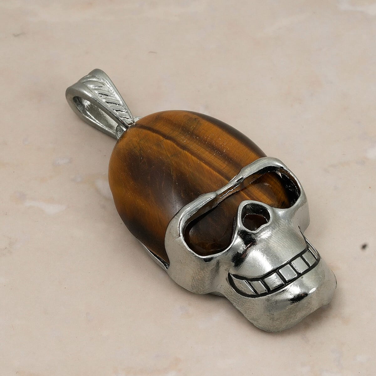 Tiger's Eye 15.75 ctw Skull Pendant in Silvertone with Stainless Steel Necklace 20 Inches image number 1