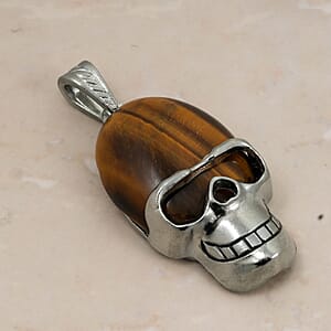 Tiger's Eye 15.75 ctw Skull Pendant in Silvertone with Stainless Steel Necklace 20 Inches