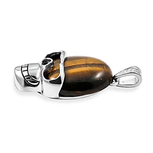 Tiger's Eye 15.75 ctw Skull Pendant in Silvertone with Stainless Steel Necklace 20 Inches