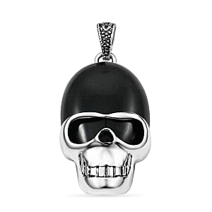 Black Agate 15.75 ctw Skull Pendant in Silvertone with Stainless Steel Necklace 20 Inches