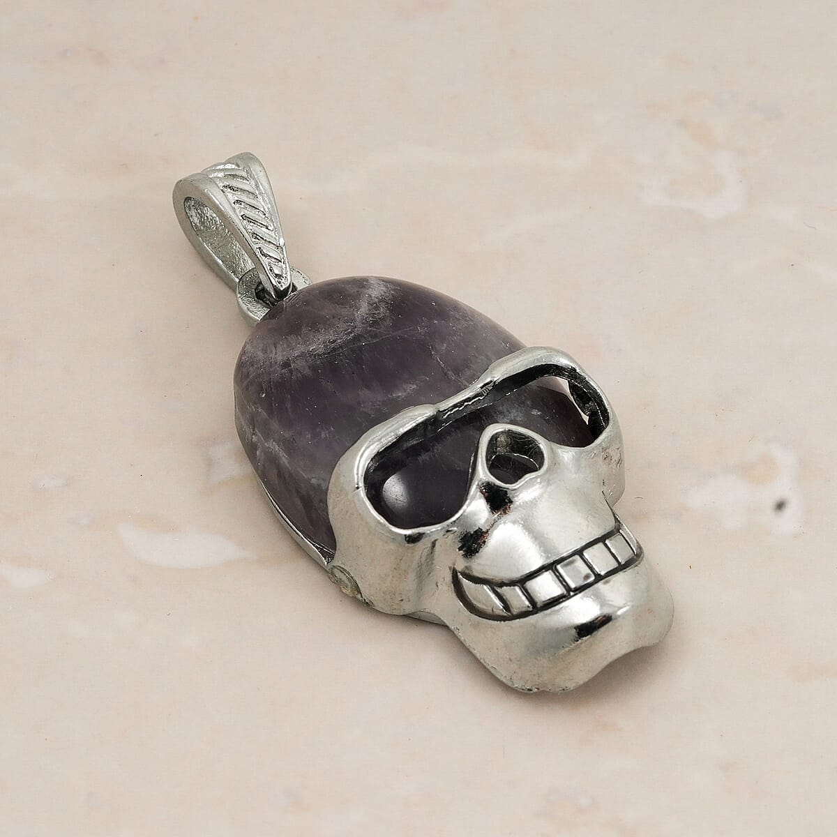 Purple Agate 15.75 ctw Skull Pendant in Silvertone with Stainless Steel Necklace 20 Inches image number 1