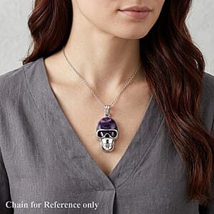 Purple Agate 15.75 ctw Skull Pendant in Silvertone with Stainless Steel Necklace 20 Inches