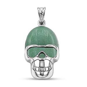 Green Aventurine 15.75 ctw Skull Pendant in Silvertone with Stainless Steel Necklace 20 Inches