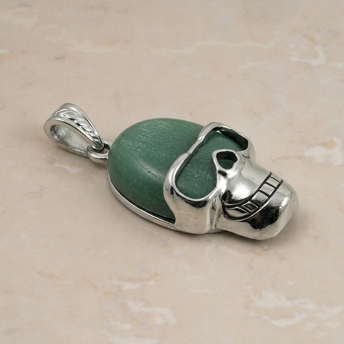 Green Aventurine 15.75 ctw Skull Pendant in Silvertone with Stainless Steel Necklace 20 Inches image number 1