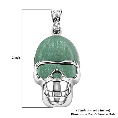 Green Aventurine 15.75 ctw Skull Pendant in Silvertone with Stainless Steel Necklace 20 Inches