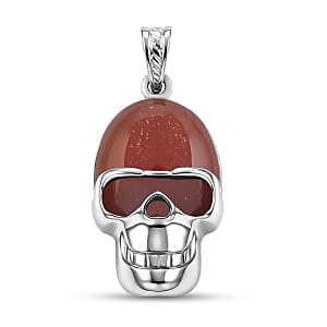 Red Aventurine 15.75 ctw Skull Pendant in Silvertone with Stainless Steel Necklace 20 Inches