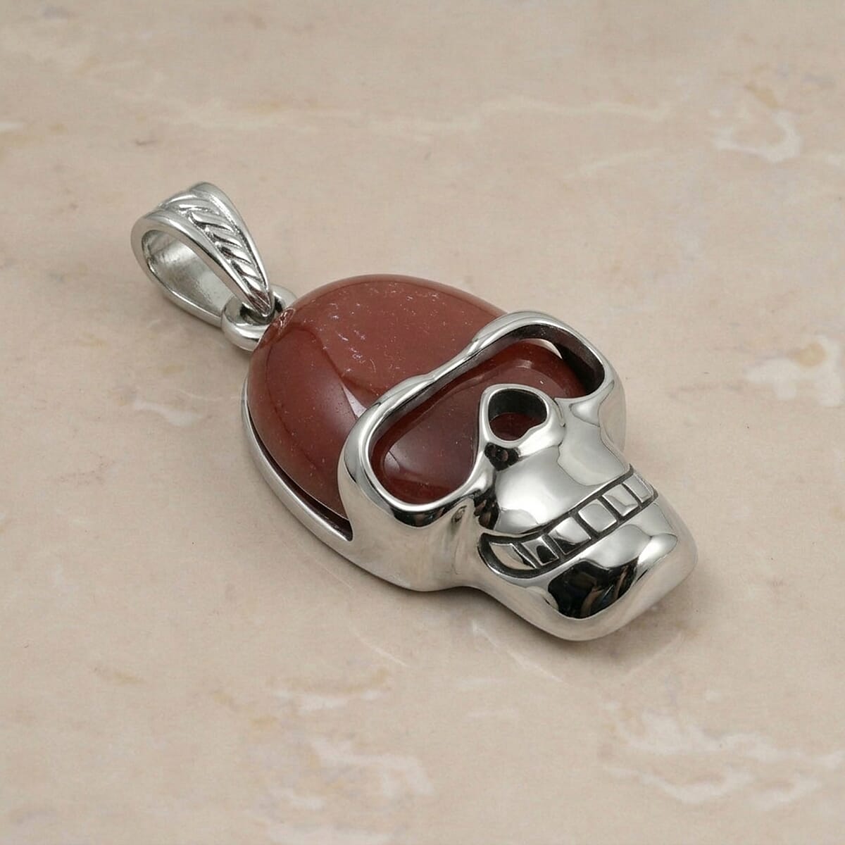 Red Aventurine 15.75 ctw Skull Pendant in Silvertone with Stainless Steel Necklace 20 Inches image number 1