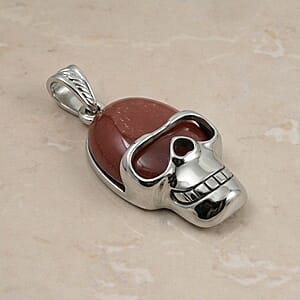 Red Aventurine 15.75 ctw Skull Pendant in Silvertone with Stainless Steel Necklace 20 Inches