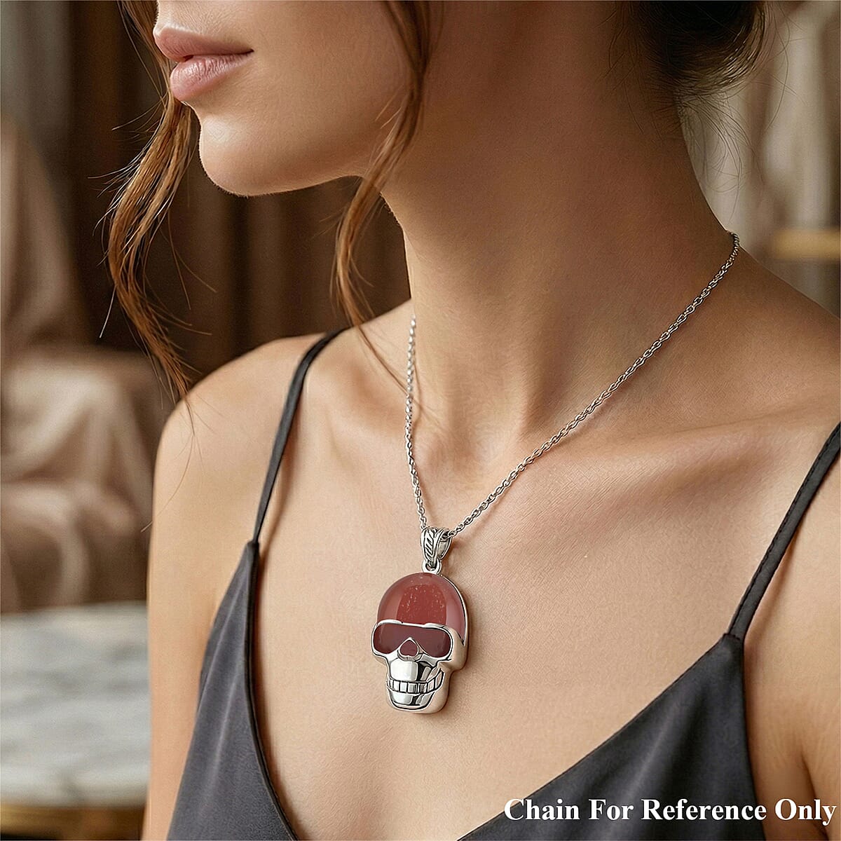 Red Aventurine 15.75 ctw Skull Pendant in Silvertone with Stainless Steel Necklace 20 Inches image number 2