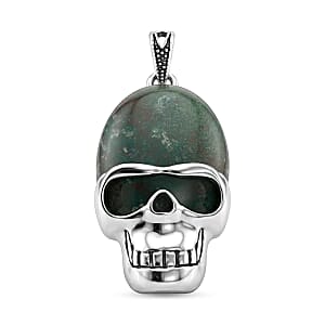 Moss Jasper 15.75 ctw Skull Pendant in Silvertone with Stainless Steel Necklace (20 Inches)