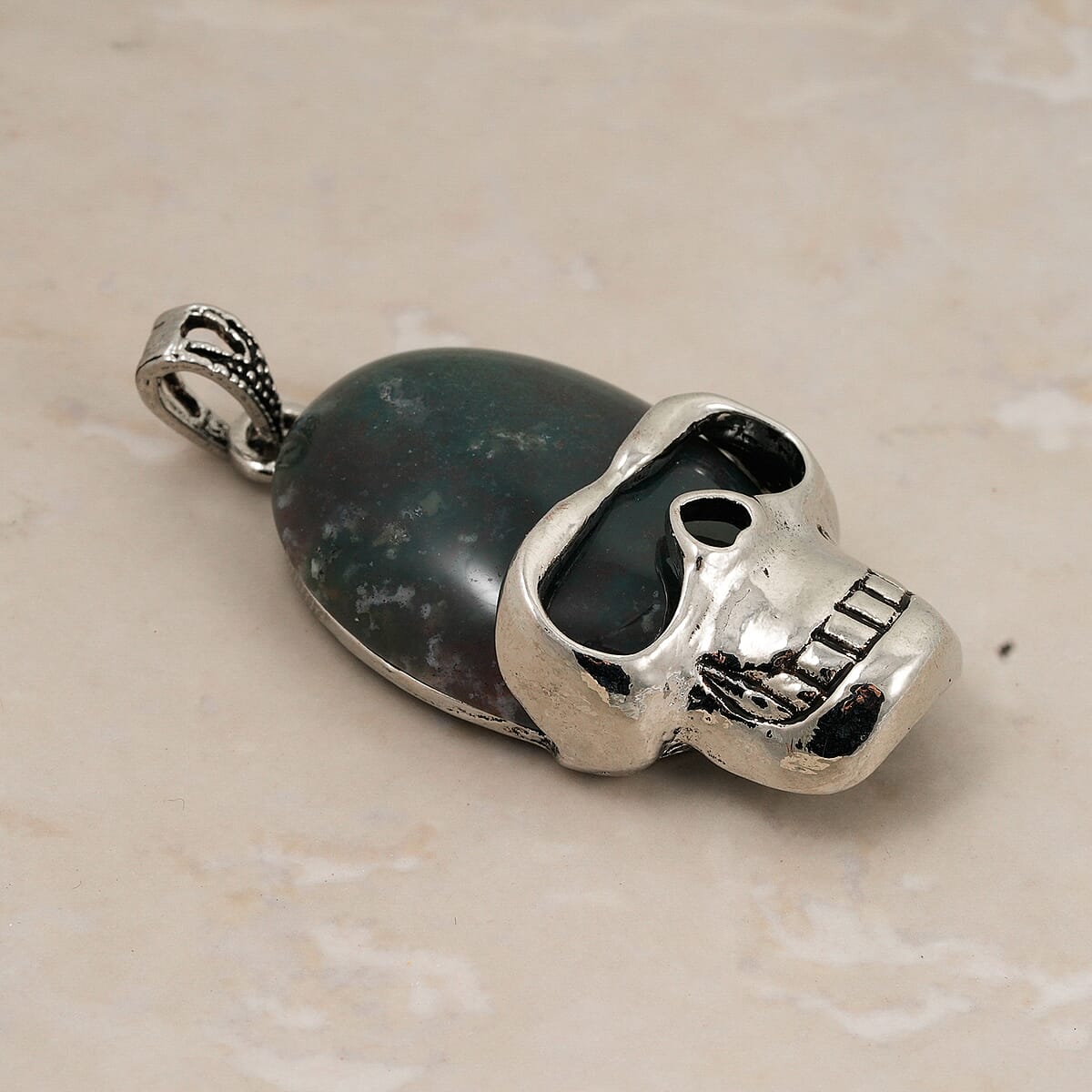 Moss Jasper 15.75 ctw Skull Pendant in Silvertone with Stainless Steel Necklace (20 Inches) image number 1