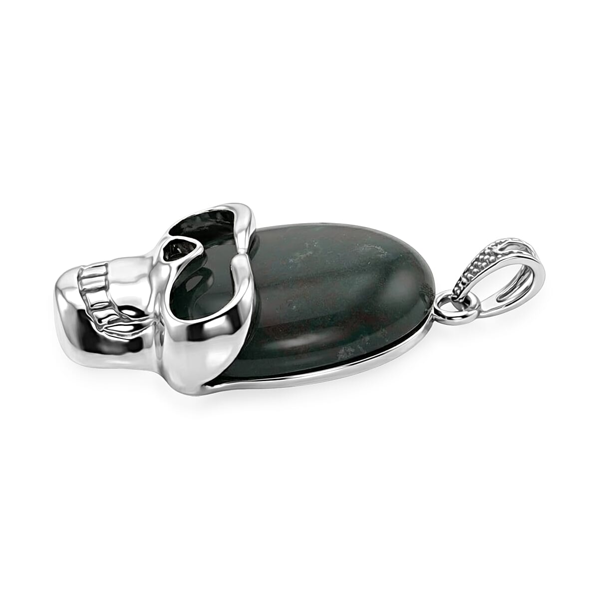 Moss Jasper 15.75 ctw Skull Pendant in Silvertone with Stainless Steel Necklace (20 Inches) image number 3